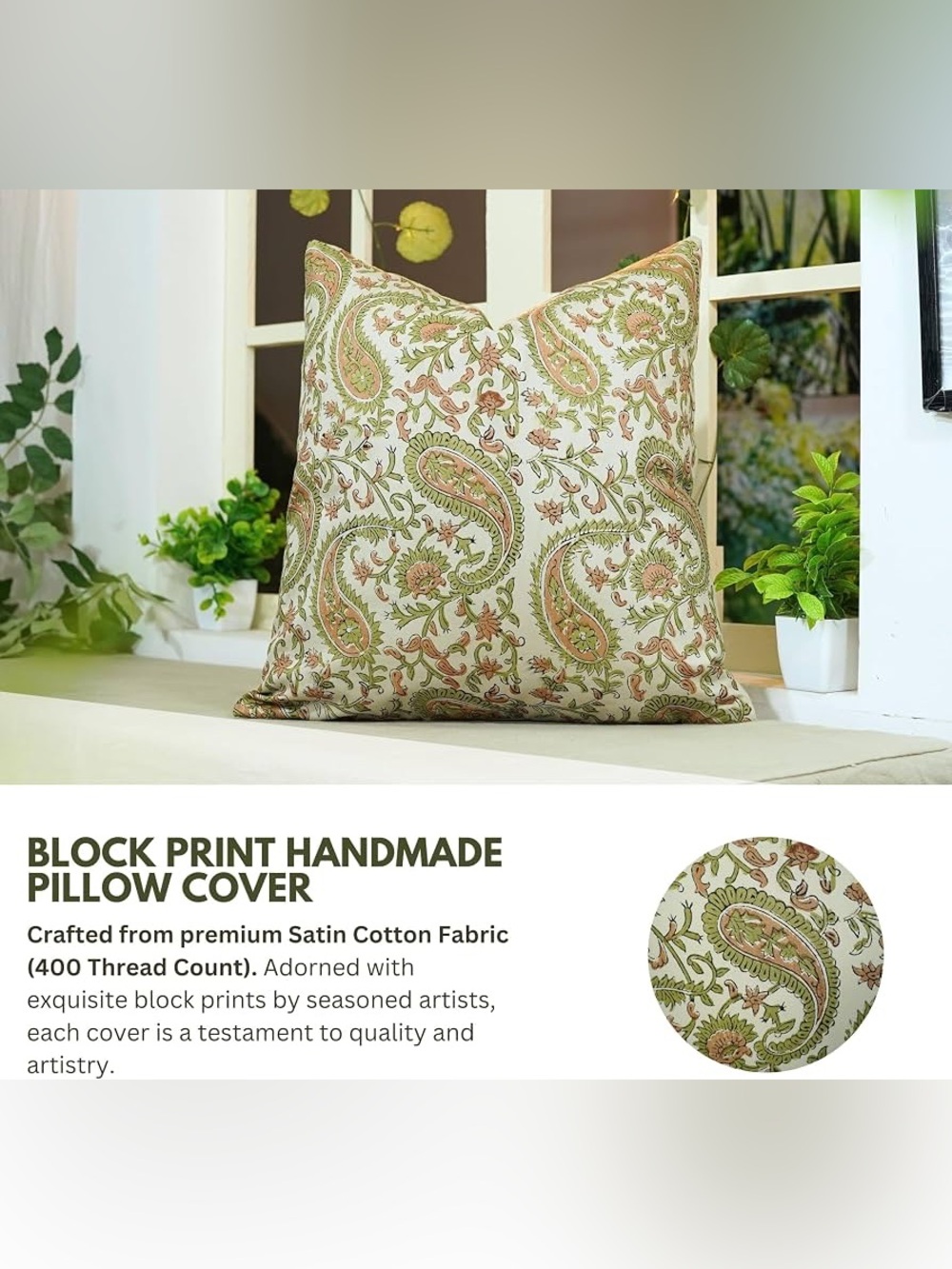 🆕Bohemian Soft Linen Hand Block Print Floral Vintage Kiara Pillow Cover 22”x22” - Picture 5 of 11